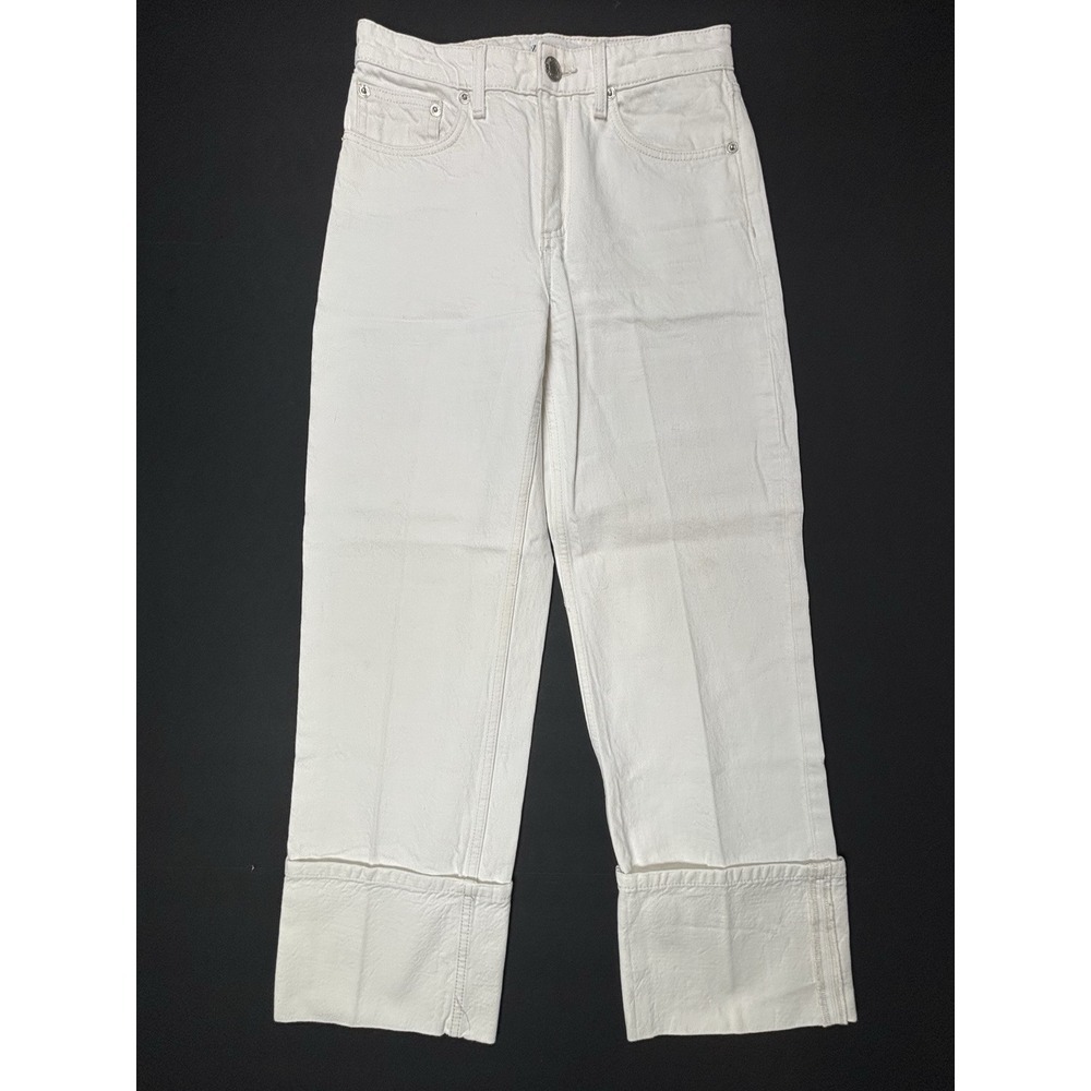 Zara Turn Up Wide Leg Mid Rise Ankle White Jeans Womens 4 Beach Spring Mom Comfy